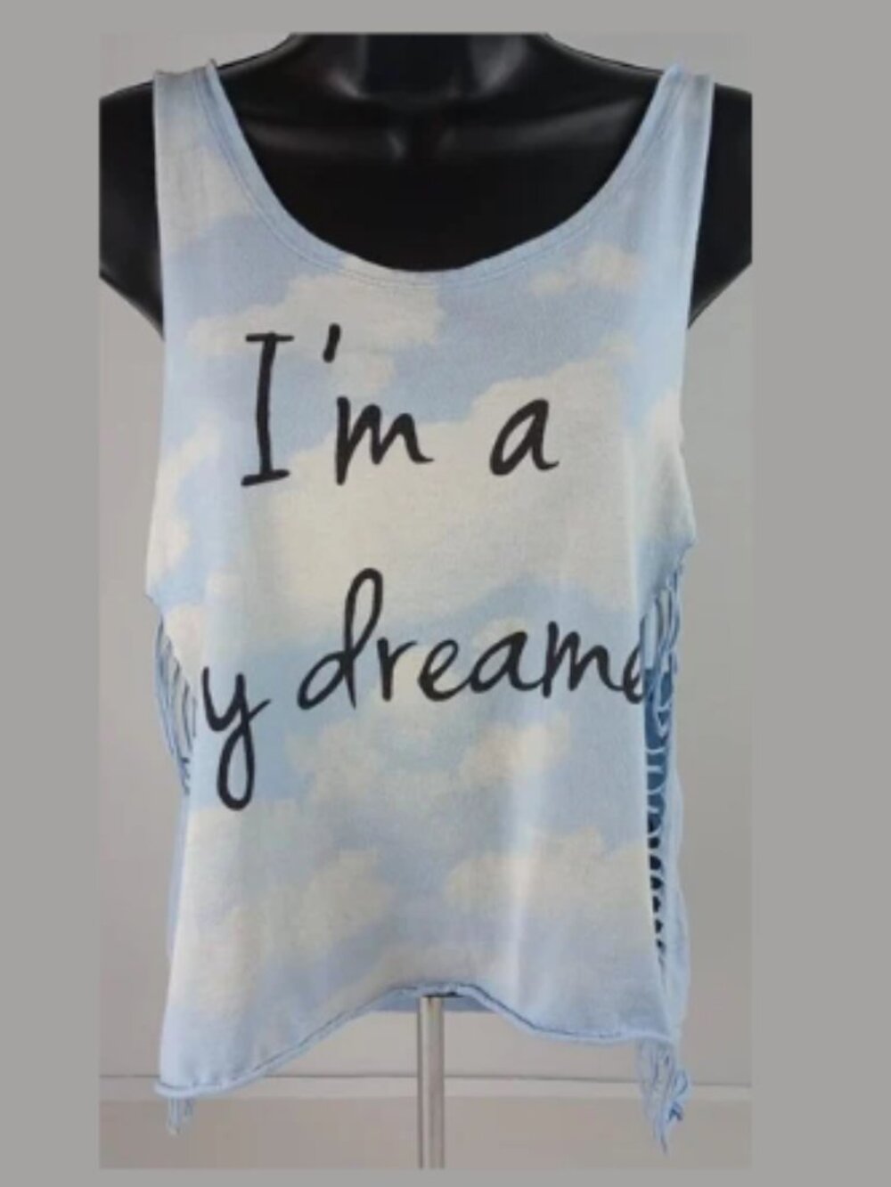 Deb Women's Size‎ L Light Blue Clouds Distressed Tank Top I'm a day dreamer